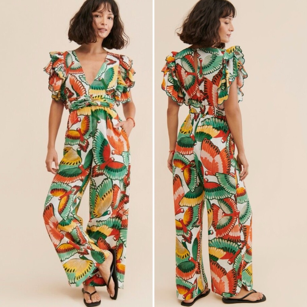 FARM RIO multicolored parrot ruffle sleeve linen jumpsuit XS NEW